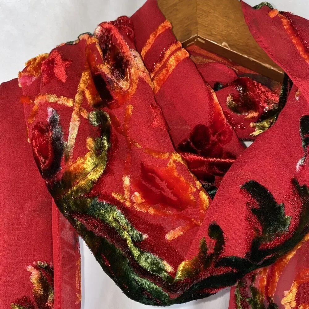 Chico's Red Silk Burnout Fringe Metallic Scarf - Picture 3 of 10